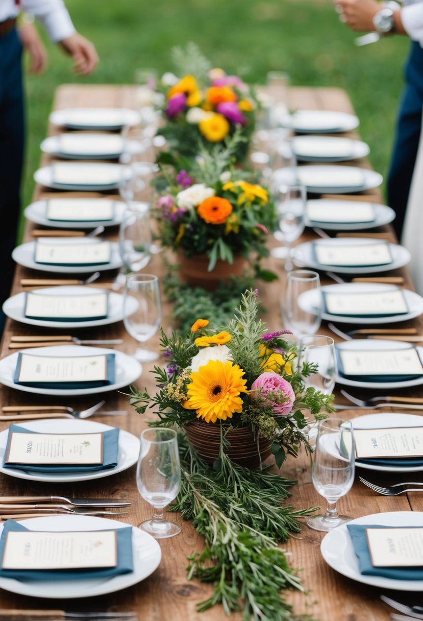 A table set with floral centerpieces and herbs, surrounded by a rustic BBQ wedding celebration