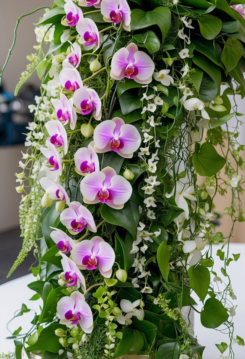 An overflowing bouquet of cascading orchids and ivy, intertwined with delicate greenery and tiny white flowers, exudes elegance and romance