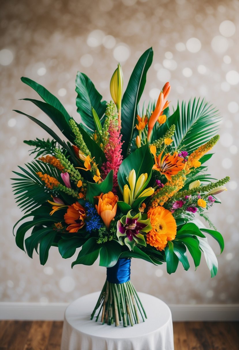 A vibrant array of exotic flowers and foliage arranged in an artistic and unconventional wedding bouquet