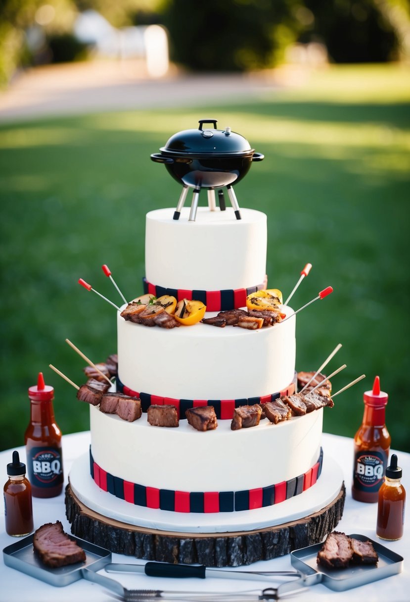 A three-tiered wedding cake decorated with BBQ grill, skewers, and meat, surrounded by mini BBQ sauce bottles and grilling tools