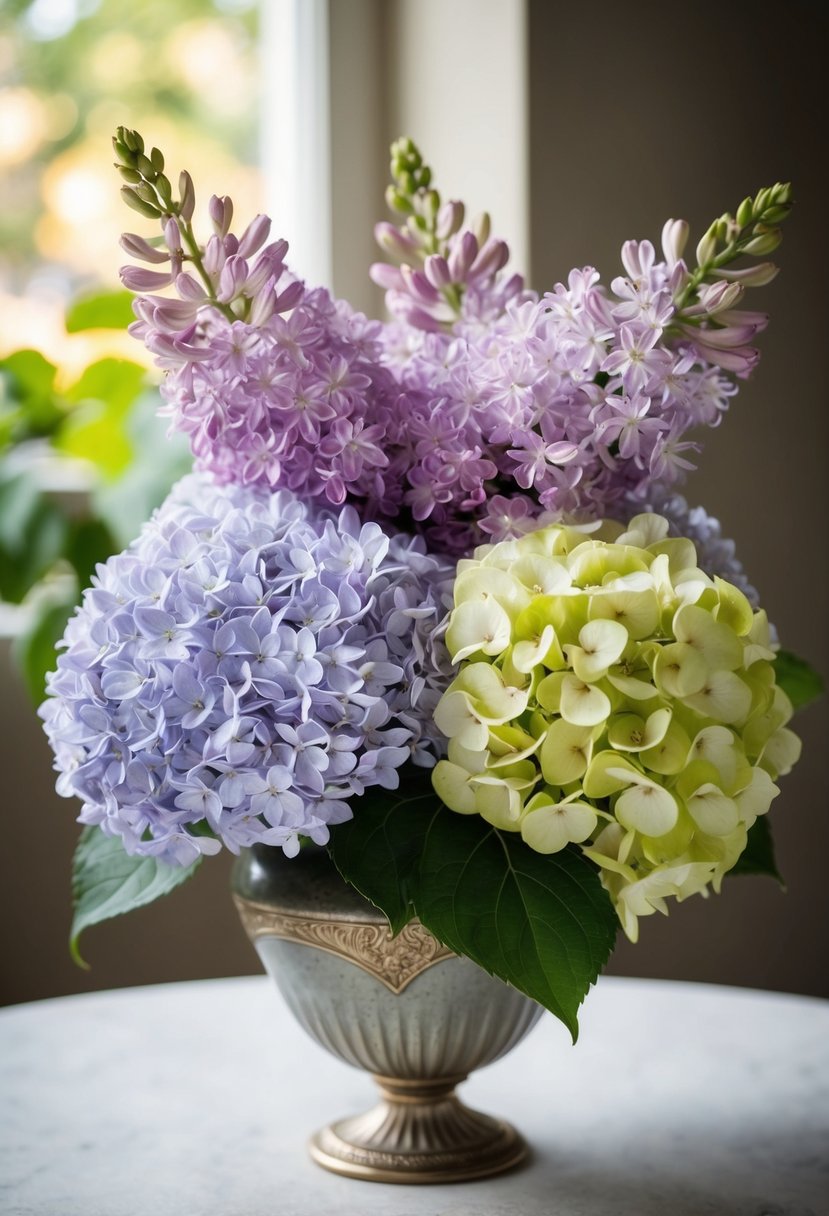 A delicate arrangement of lilac and hydrangea blooms in a vintage vase