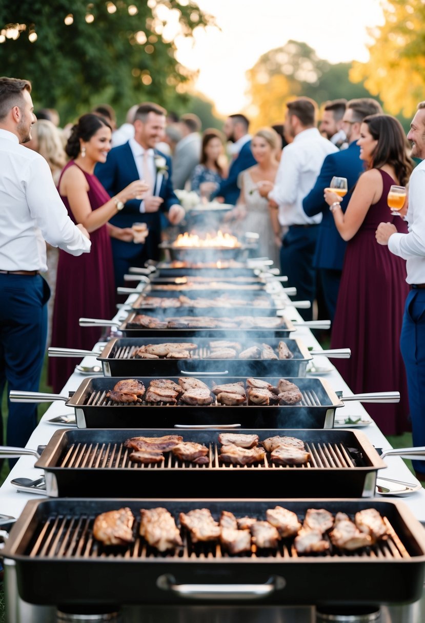 A row of sleek grilling stations with sizzling meats, surrounded by guests mingling and enjoying the aroma of barbecue at a wedding reception