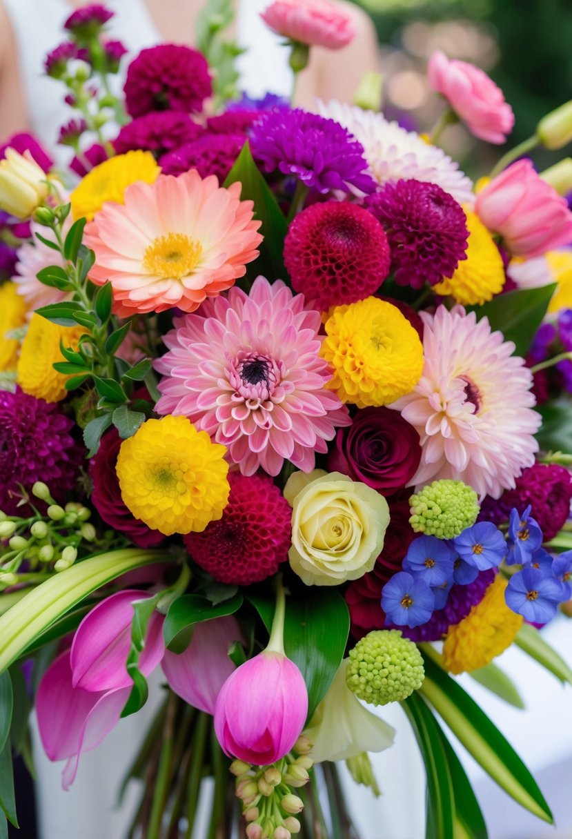 A vibrant bouquet featuring a mix of bold and pastel blooms, arranged in a cascading design with a focus on color coordination and contrast