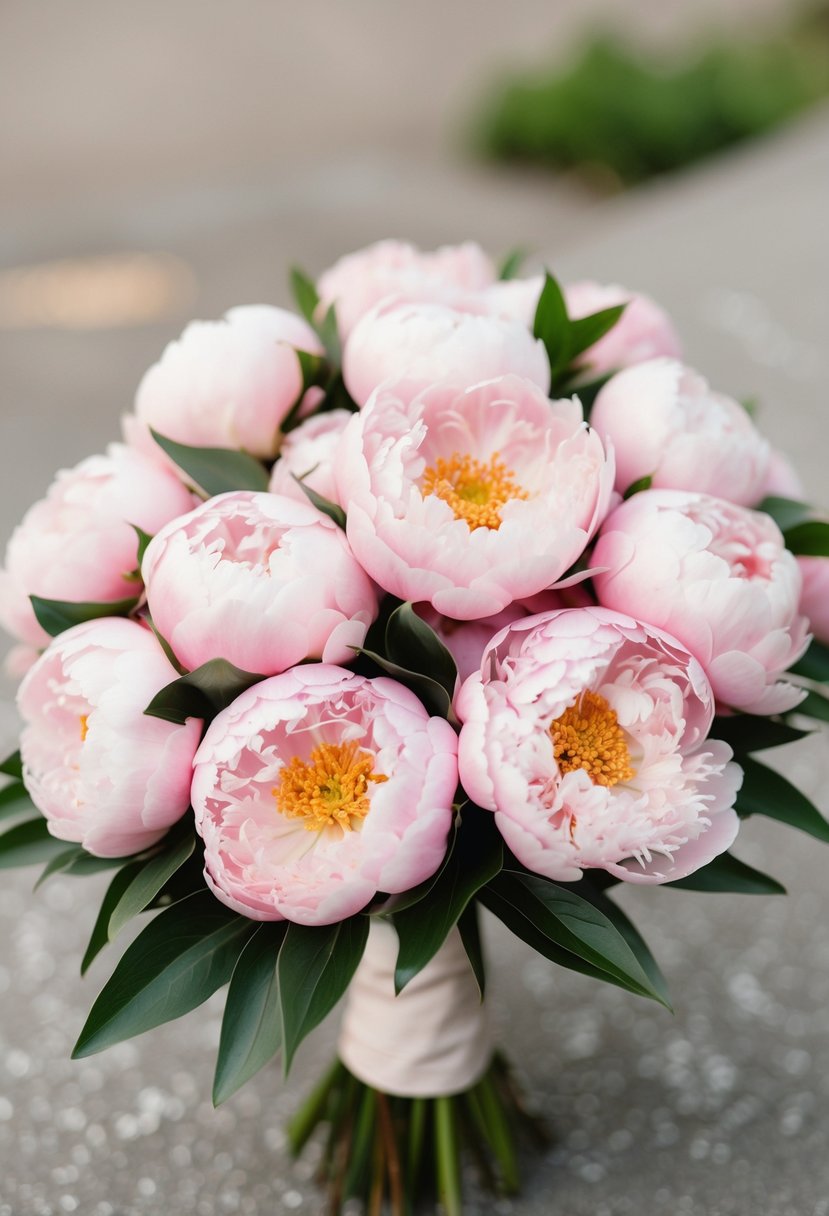 A cluster of blush pink peonies arranged in an elegant and romantic wedding bouquet