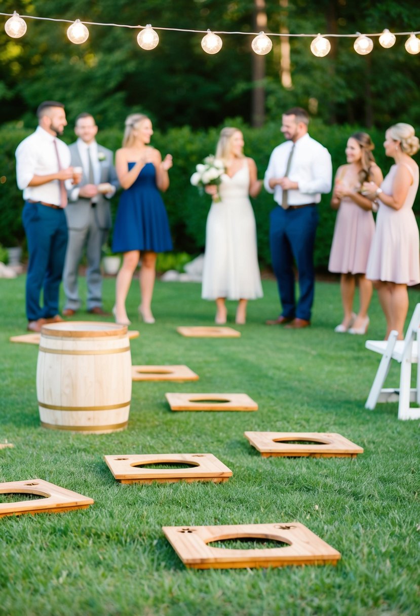 A backyard wedding with guests playing lawn games like cornhole and horseshoes during a BBQ reception