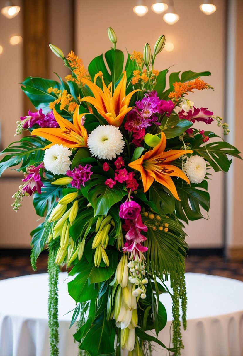 A vibrant mix of exotic flowers arranged in a cascading wedding bouquet