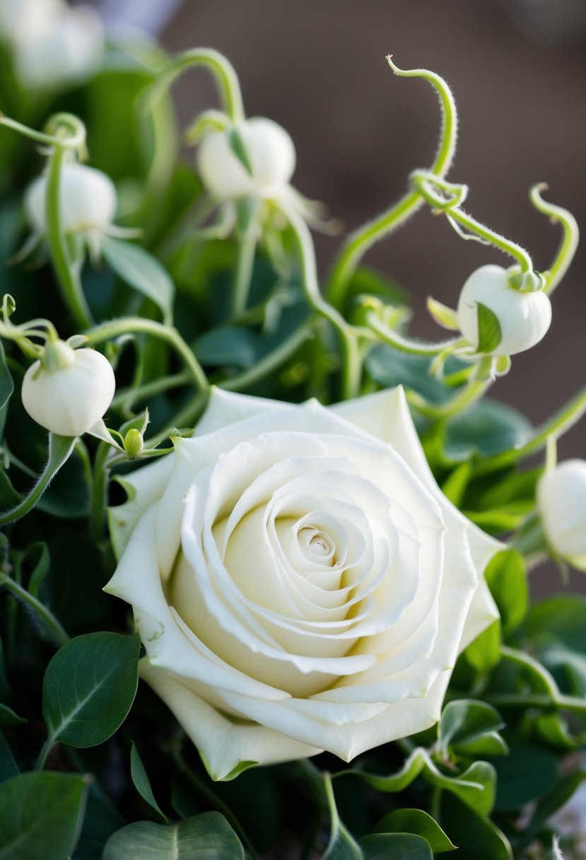 A delicate white rose entwined with sweet pea vines in an elegant wedding bouquet