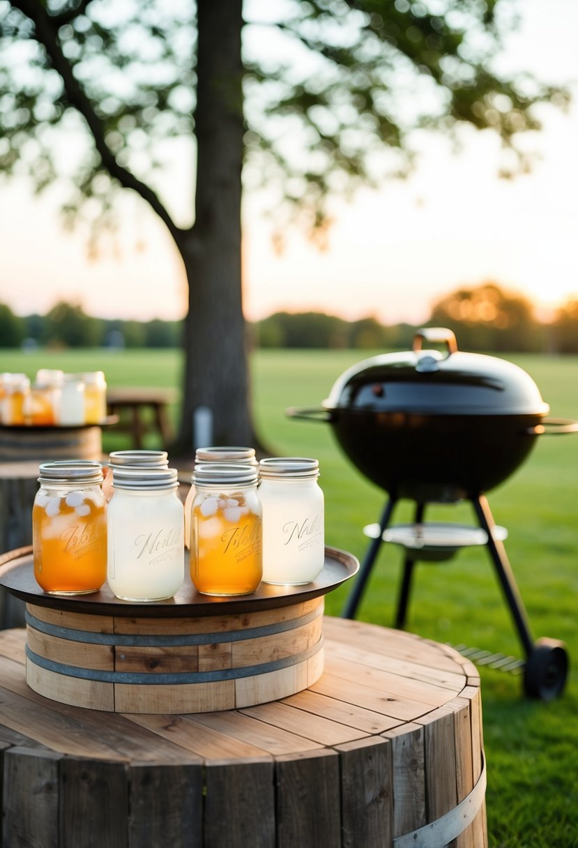 A rustic outdoor wedding setting with mason jar drink stations and a barbecue grill