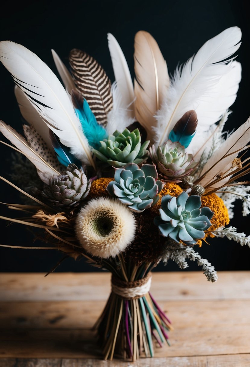 A bouquet of mixed textures, including feathers, succulents, and dried flowers, arranged in an unconventional and eye-catching manner