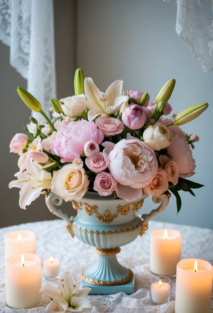 A delicate pastel bouquet of roses, peonies, and lilies arranged in an ornate Rococo-style vase, surrounded by soft candlelight and lace