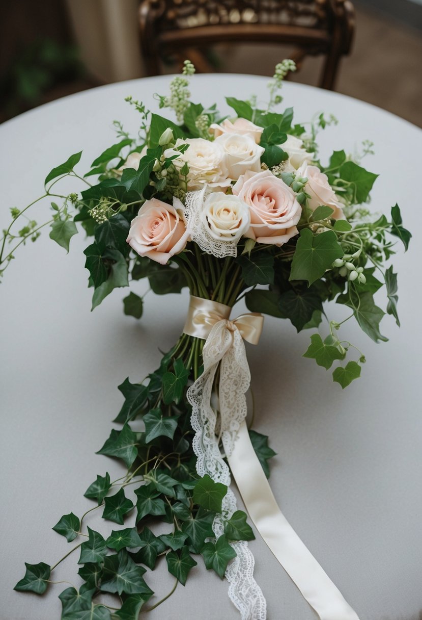 A vintage-inspired bouquet with cascading ivy, roses, and delicate lace accents, tied with a satin ribbon