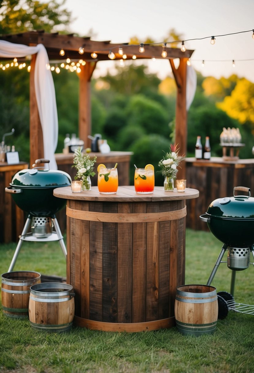 A rustic outdoor wedding reception with a bar serving smoky flavored signature cocktails, surrounded by BBQ grills and festive decor