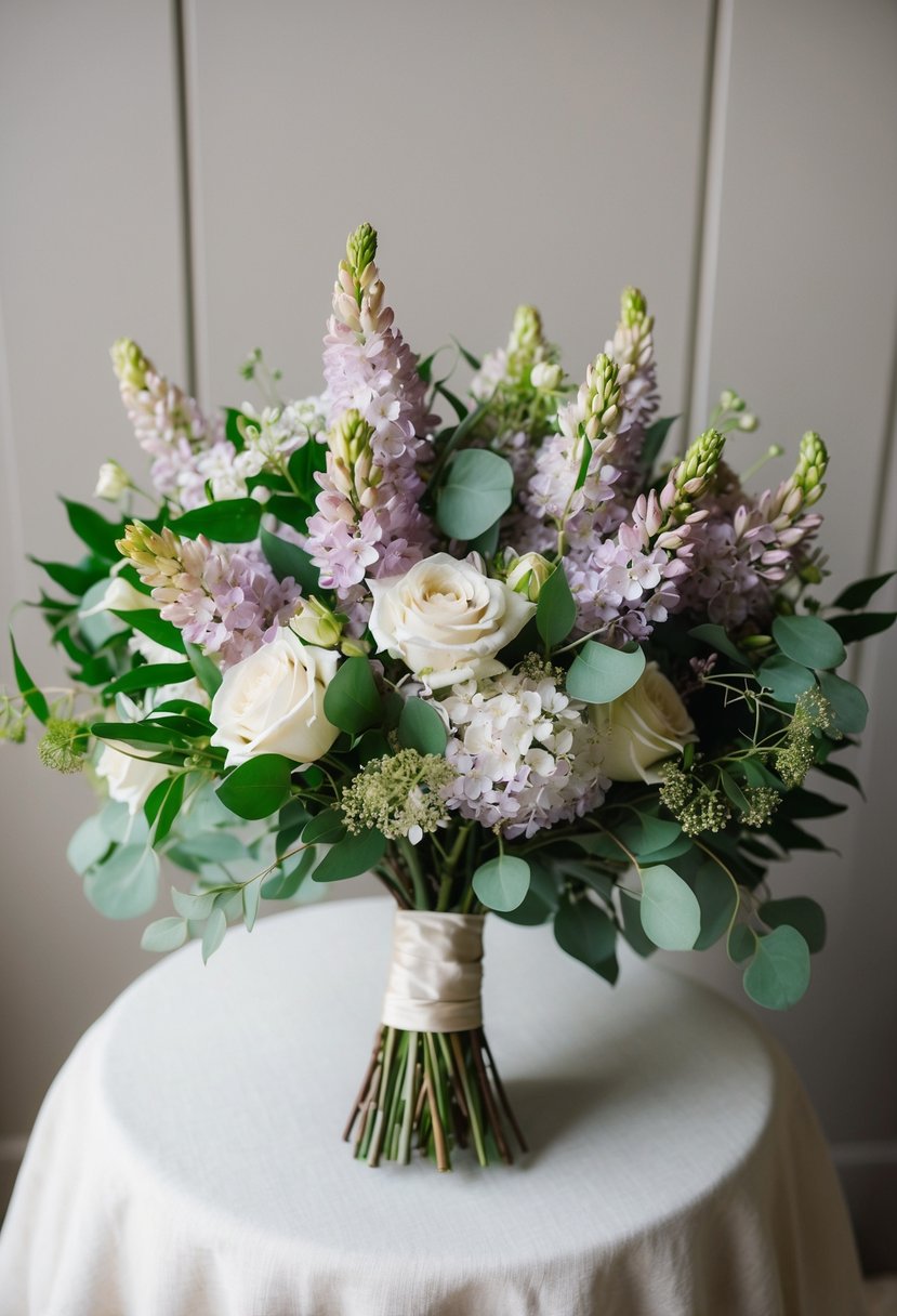 A vintage-inspired wedding bouquet featuring lilacs and delicate greenery, arranged in an elegant and romantic style