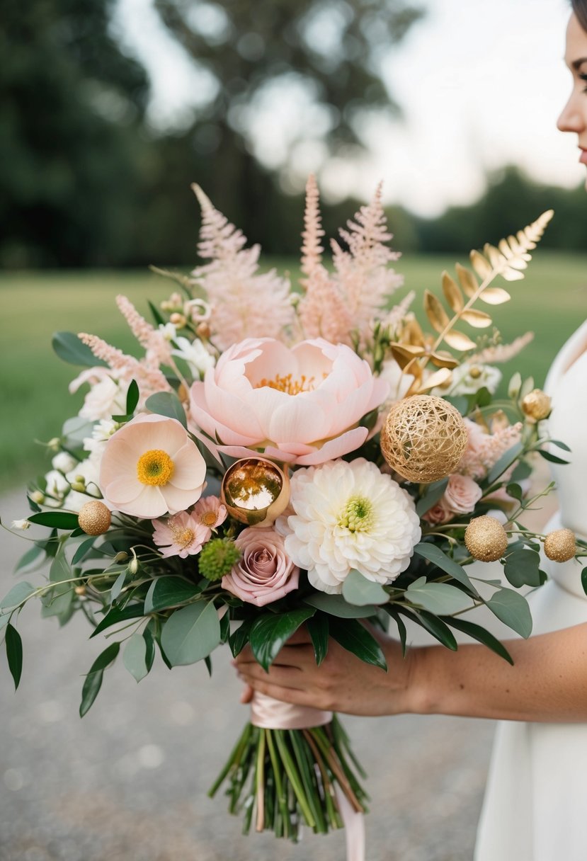 A wedding bouquet featuring blush tones and gilded elements, with a mix of unique and unusual flowers and foliage