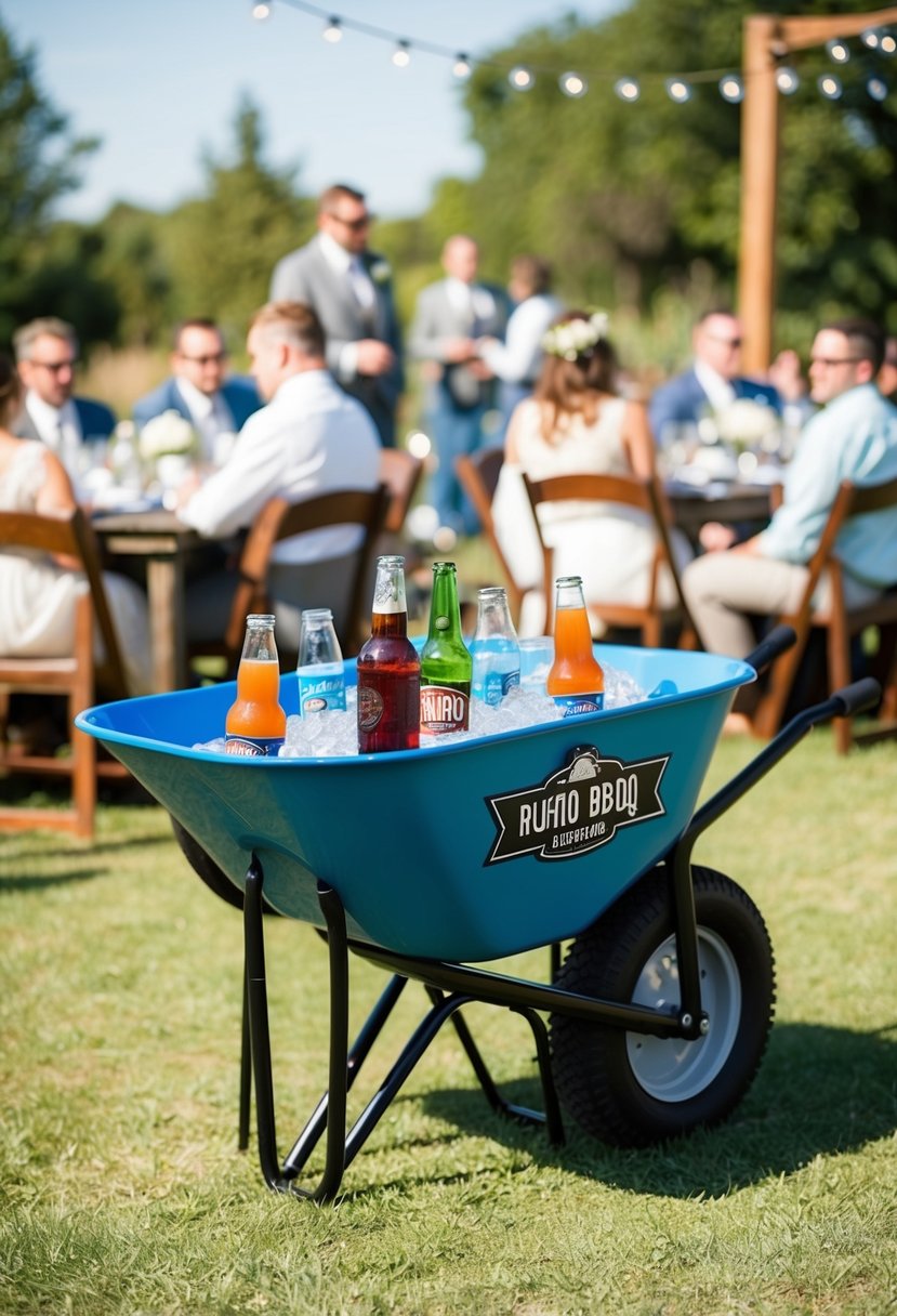 A wheelbarrow converted into a beverage cooler at a wedding BBQ, surrounded by rustic decor and outdoor seating