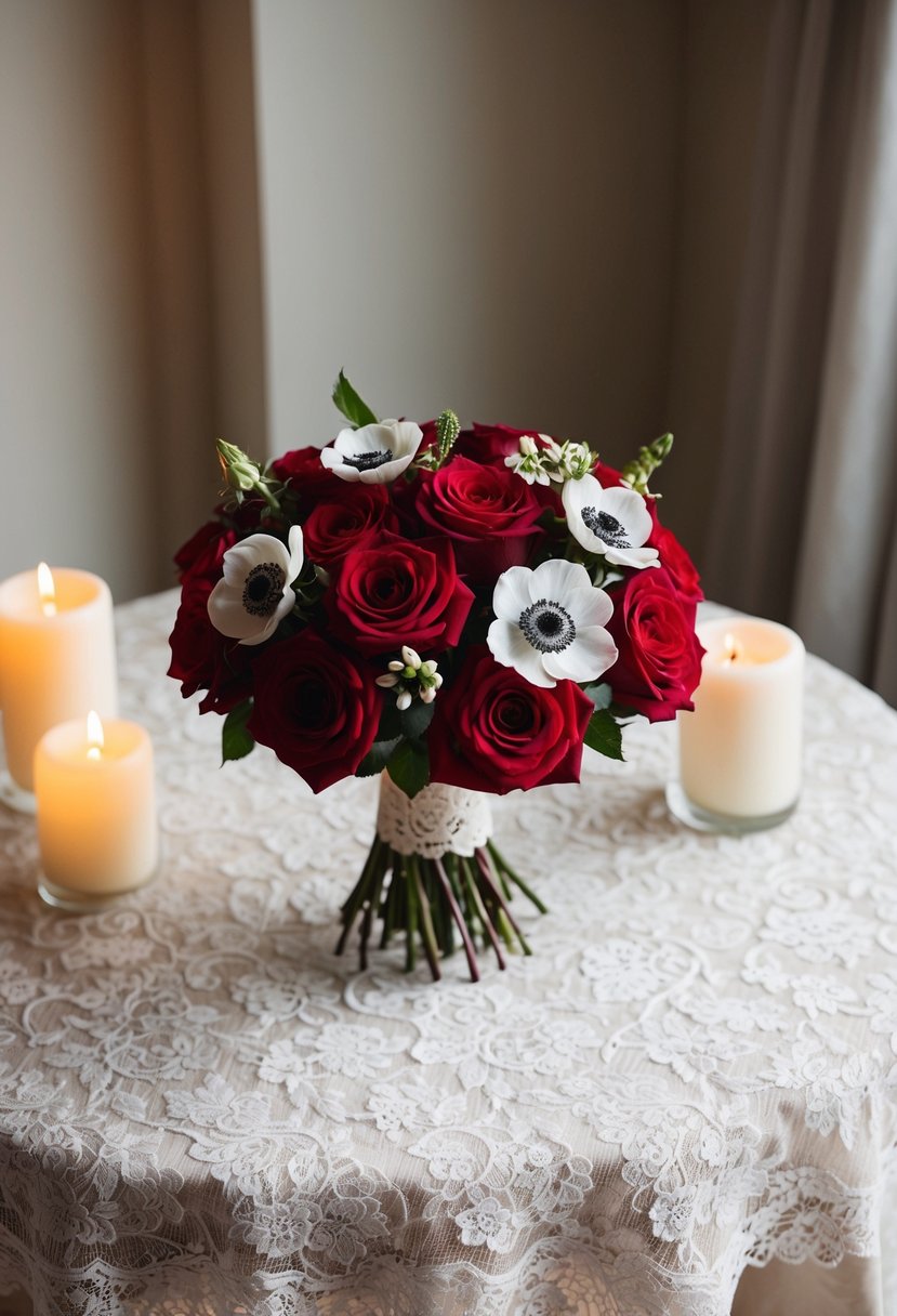 A red rose and anemone mix bouquet sits atop a lace-covered table, surrounded by soft candlelight and delicate lace linens