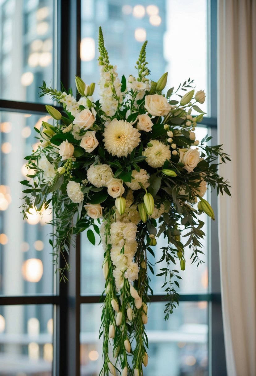 A modern arrangement of cascading flowers in unique and unusual wedding bouquet