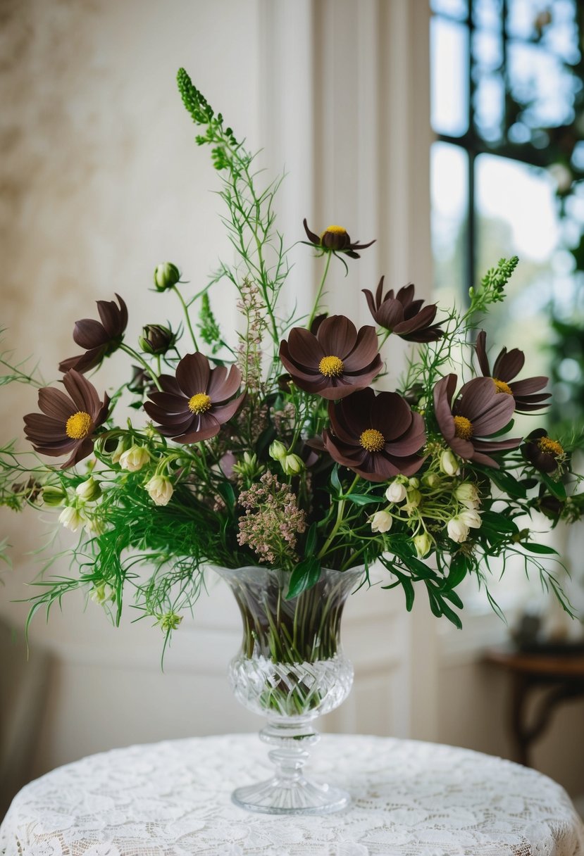 A lush bouquet of chocolate cosmos and scabiosa, intertwined with delicate greenery, sits in a crystal vase on a lace-covered table