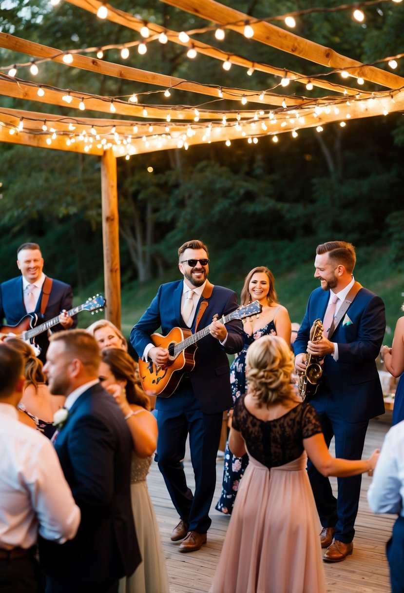 A lively band plays under twinkling lights at a rustic outdoor BBQ wedding. Guests mingle and dance as the music fills the air