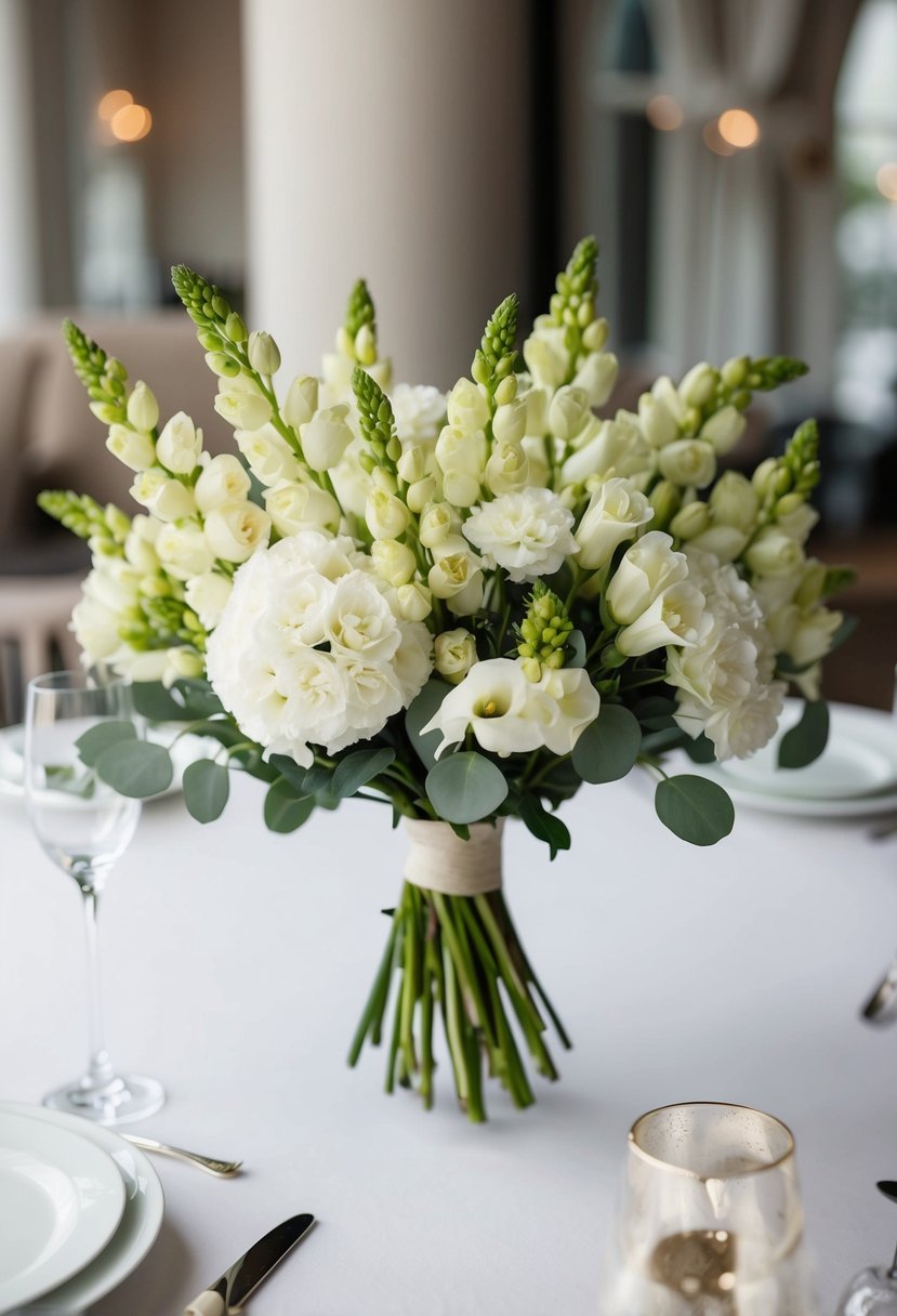 A modern, elegant bouquet featuring veronicas and snapdragons in a romantic wedding setting