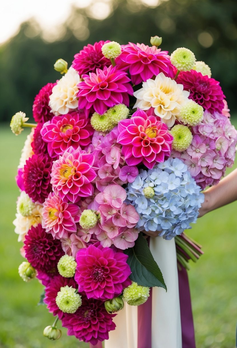 A vibrant mix of dahlias and hydrangeas arranged in a cascading wedding bouquet