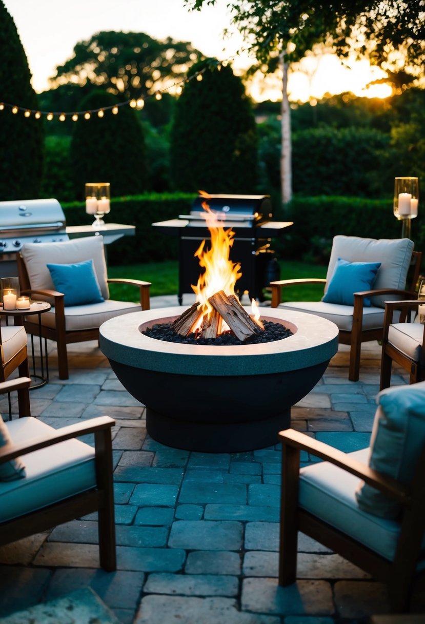 A glowing firepit surrounded by comfortable seating, with a grill nearby, set in a lush garden for a romantic evening wedding gathering