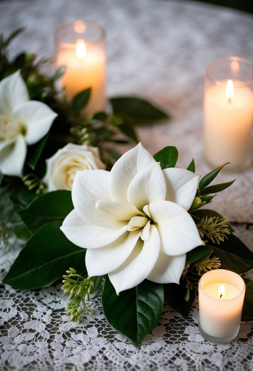 A pristine white gardenia bouquet rests on a lace-covered table, surrounded by delicate greenery and soft candlelight