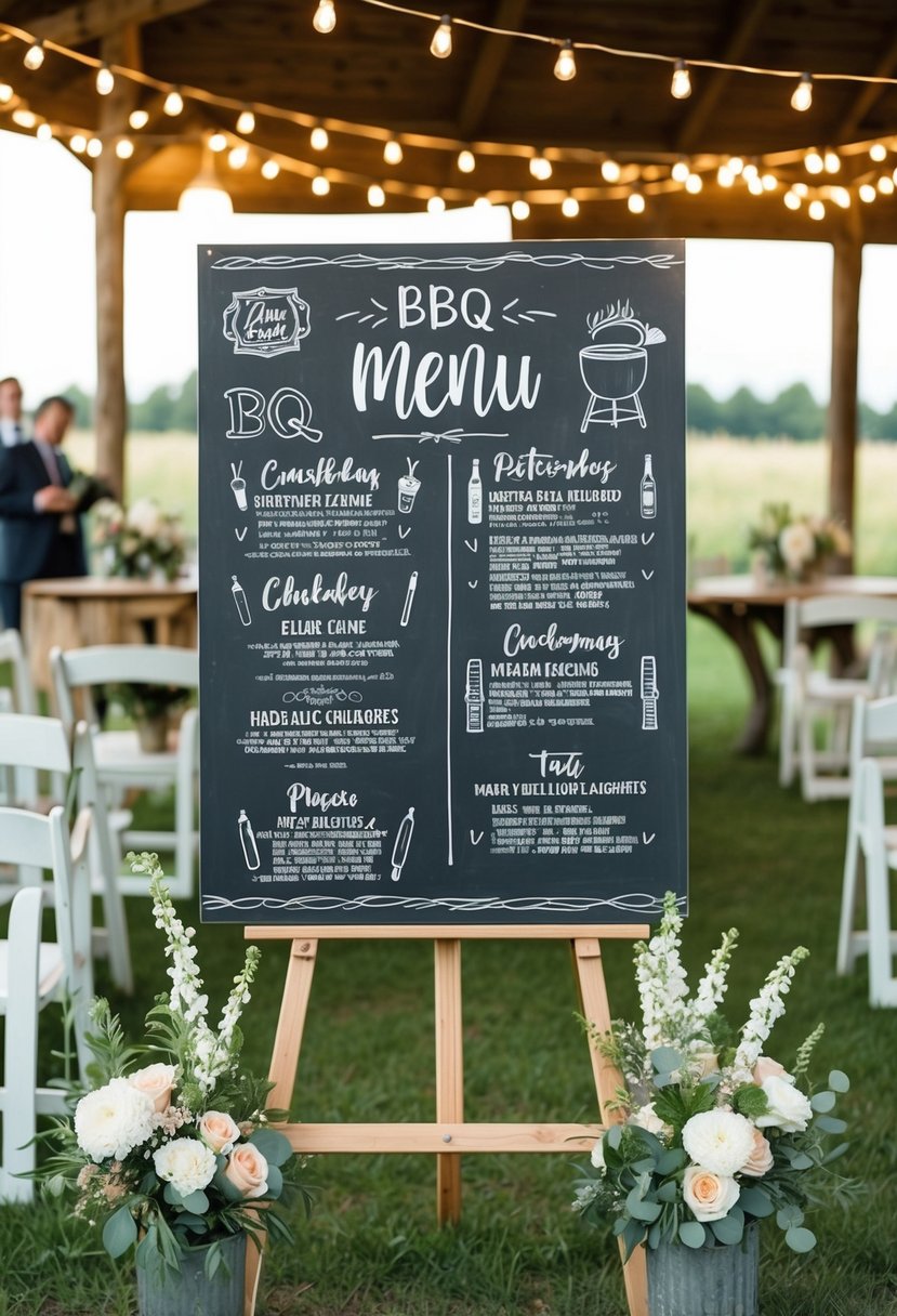 A rustic chalkboard with hand-drawn BBQ menu items and wedding decor, surrounded by vintage floral arrangements and string lights