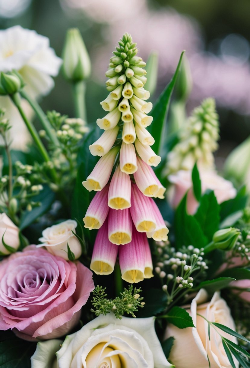 A delicate foxglove nestled among roses and greenery in a bridal bouquet