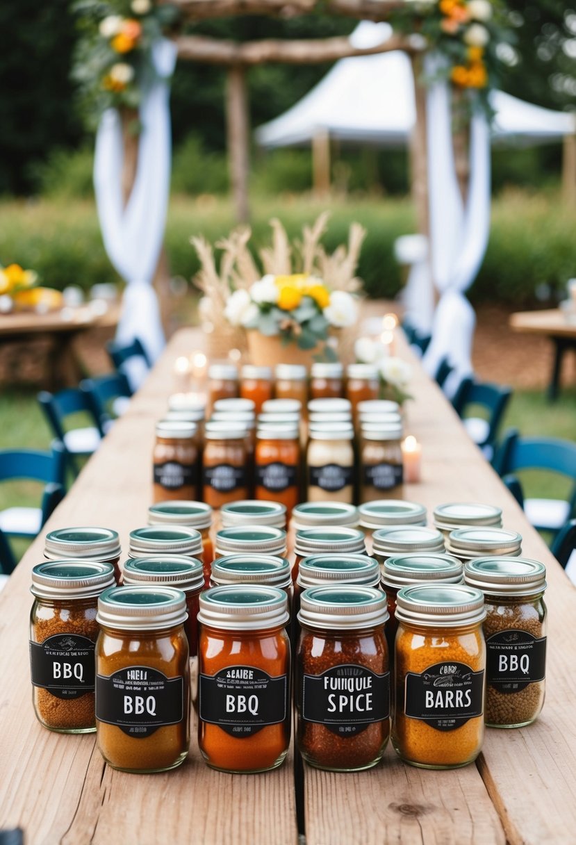 A rustic wooden table adorned with various jars of unique BBQ spice favors, set against a backdrop of outdoor wedding decor