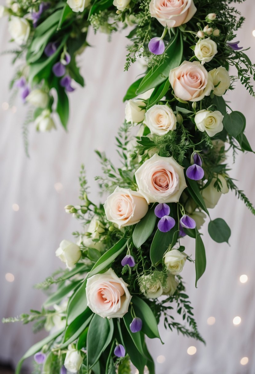 A delicate arrangement of sweet peas, roses, and greenery in a flowing, cascading shape, evoking a sense of timeless beauty and romance