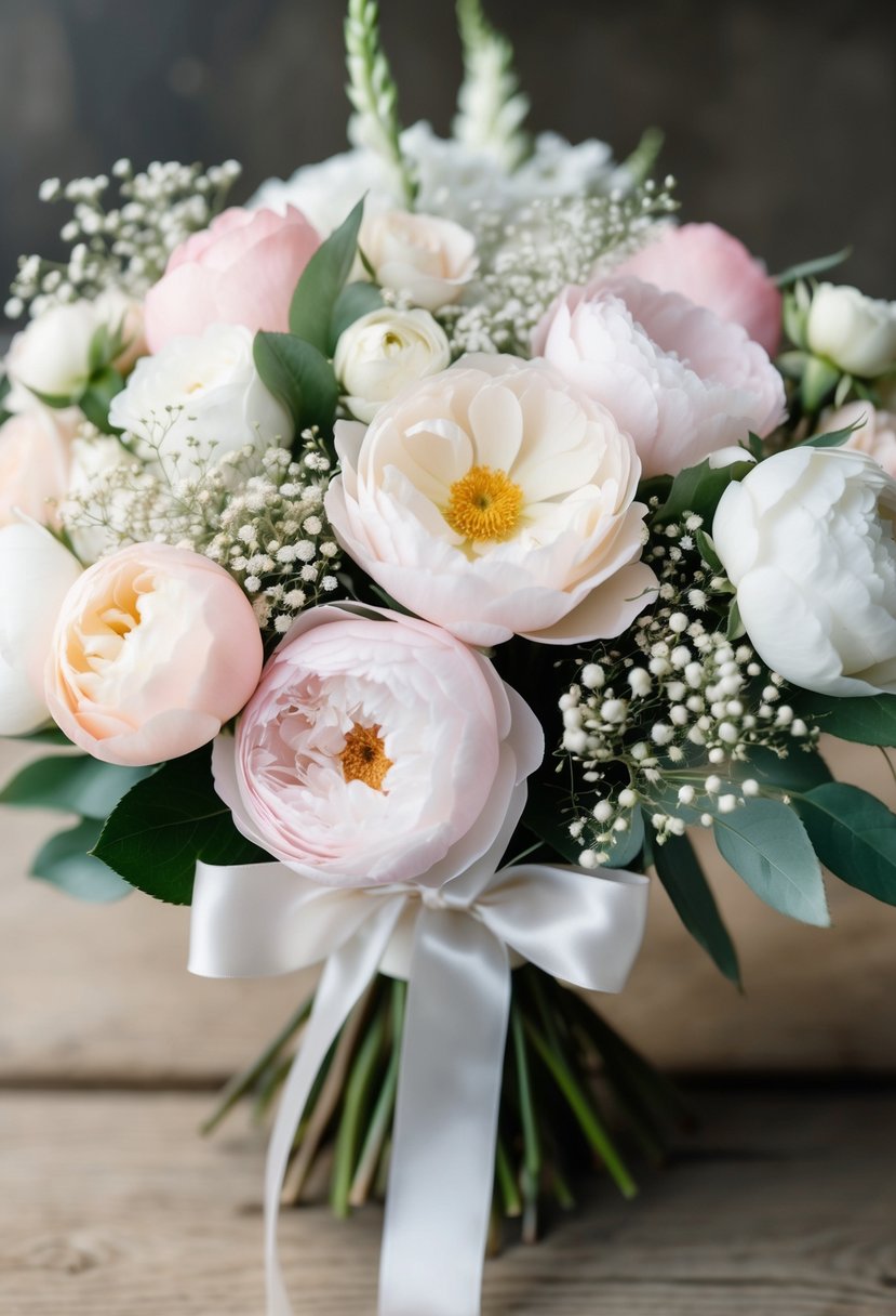 A delicate arrangement of pale pink and white roses, peonies, and baby's breath, tied with a satin ribbon