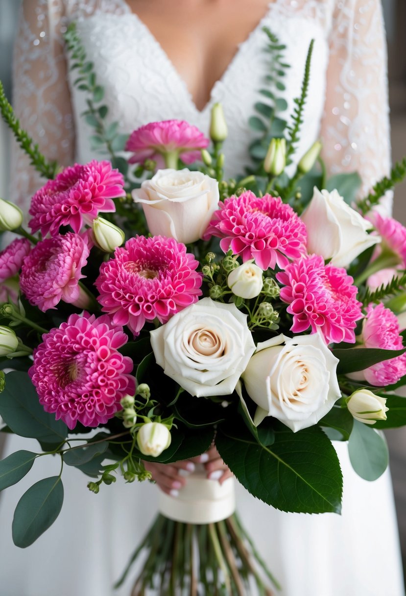 A bouquet of pink Lisianthus and white Roses arranged in an elegant and romantic style, with greenery and delicate ribbon