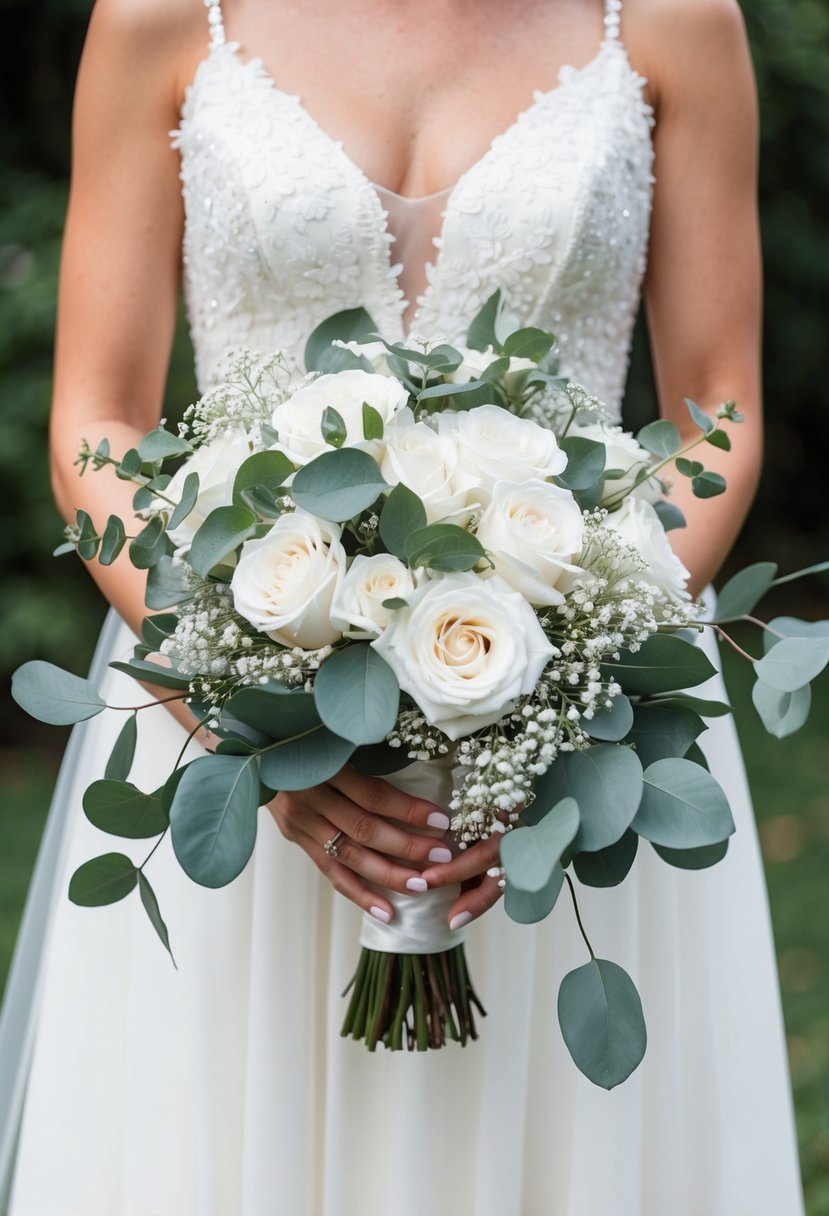 A bride's hand holding a cascading bouquet of white roses, eucalyptus, and baby's breath