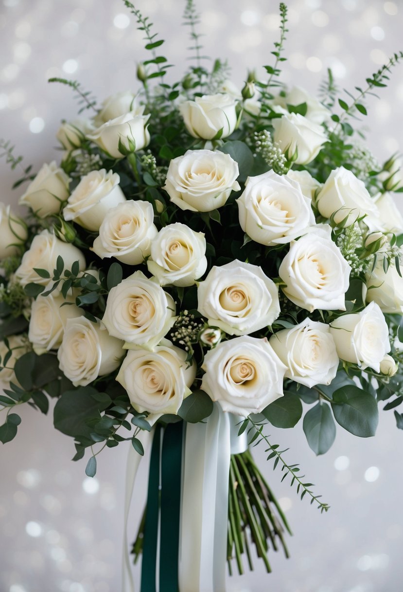 A bouquet of classic white roses arranged in a cascading style, with delicate greenery and ribbon accents