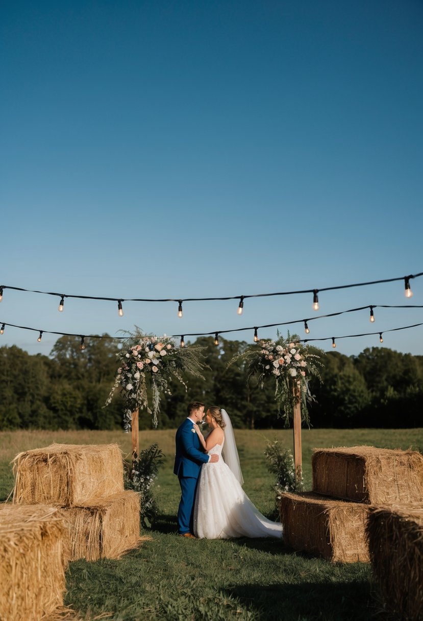 A rustic outdoor wedding with bales of hay, wildflowers, and string lights under a clear blue sky