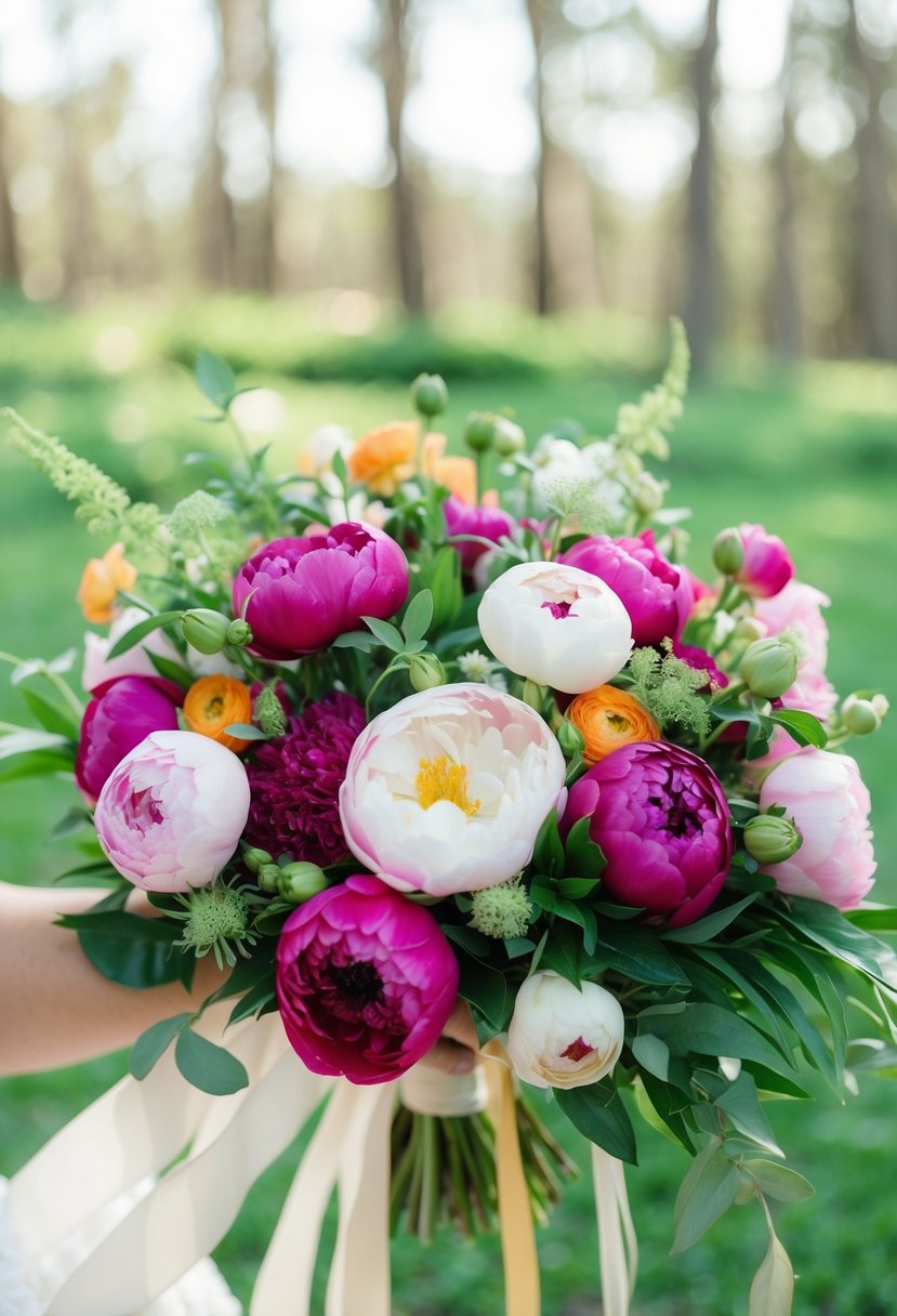 A vibrant mix of peonies and ranunculus in a bridal bouquet, with lush greenery and delicate ribbon accents