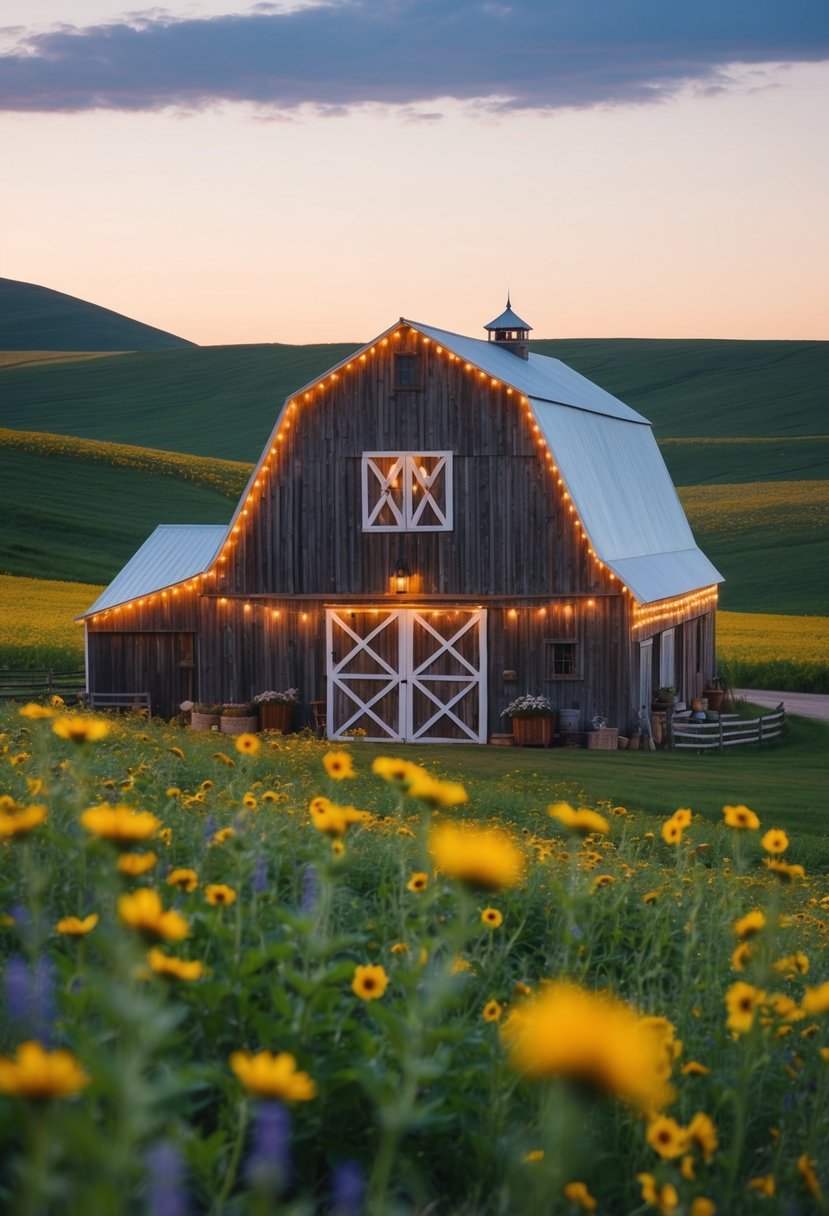 A rustic barn adorned with string lights, surrounded by rolling hills and blooming wildflowers