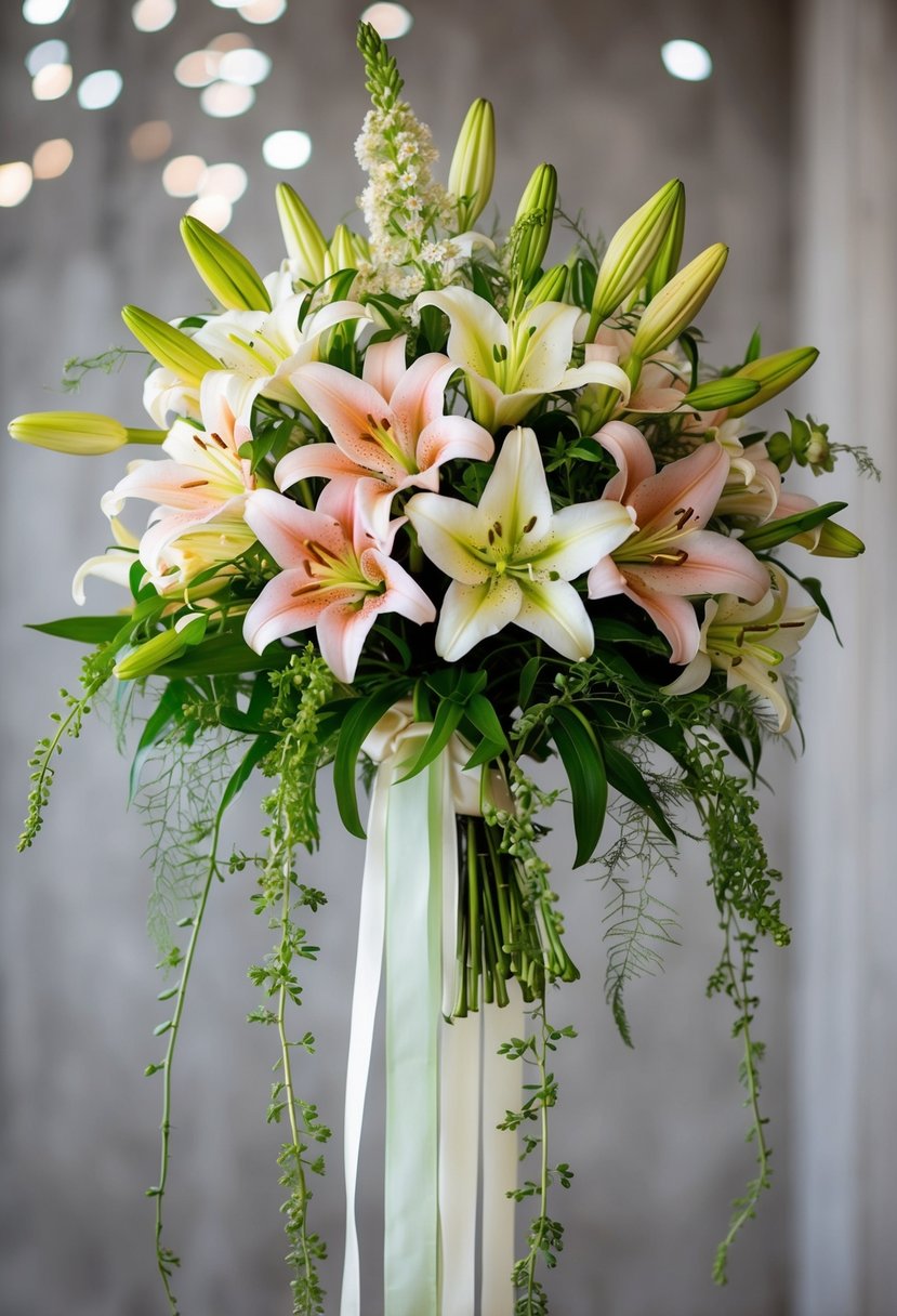 A cascading bouquet of lilies in various shades, with greenery and delicate filler flowers, held together with a ribbon