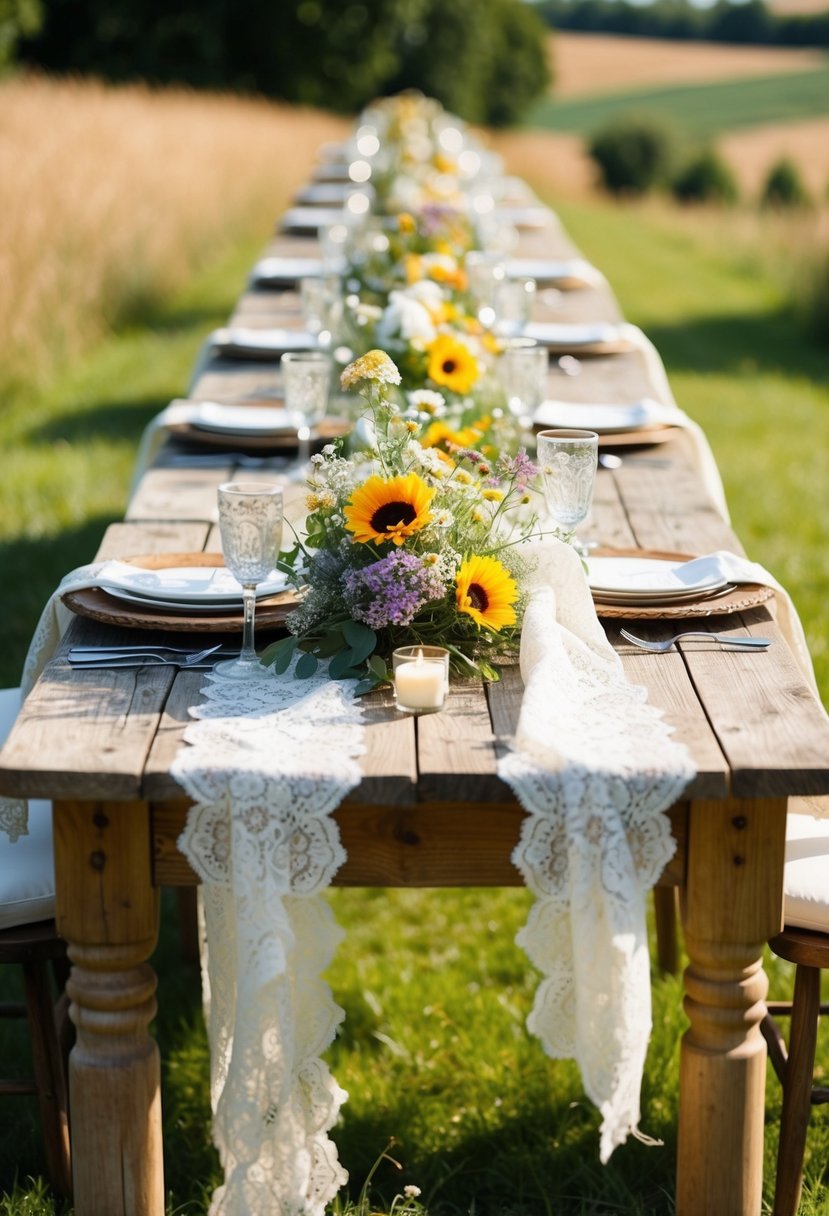 Rustic wooden tables adorned with wildflowers and vintage lace, set in a sun-drenched countryside for a charming wedding celebration