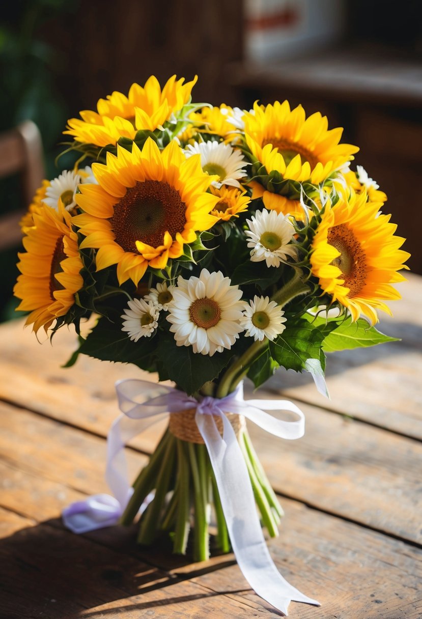 A vibrant bouquet of sunflowers and daisies, tied with a delicate ribbon, sits on a rustic wooden table, bathed in warm sunlight