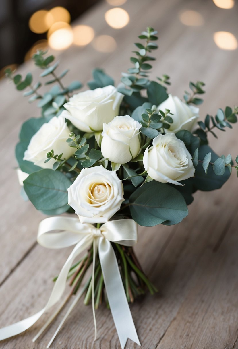 A small bouquet of white roses and eucalyptus tied with a delicate ribbon