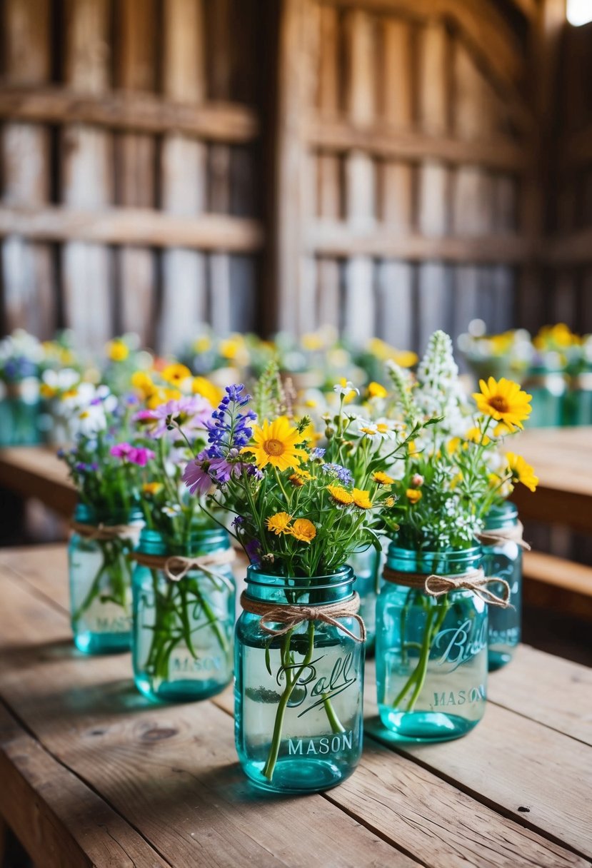 Mason jars filled with wildflowers and tied with twine, arranged on wooden tables in a rustic barn setting