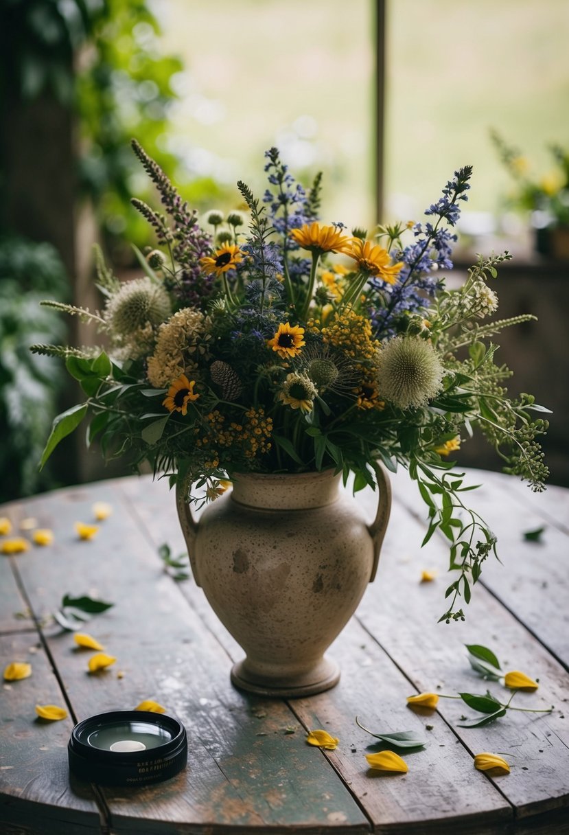 A rustic wildflower bouquet sits in a vintage vase on a weathered wooden table, surrounded by scattered petals and lush greenery