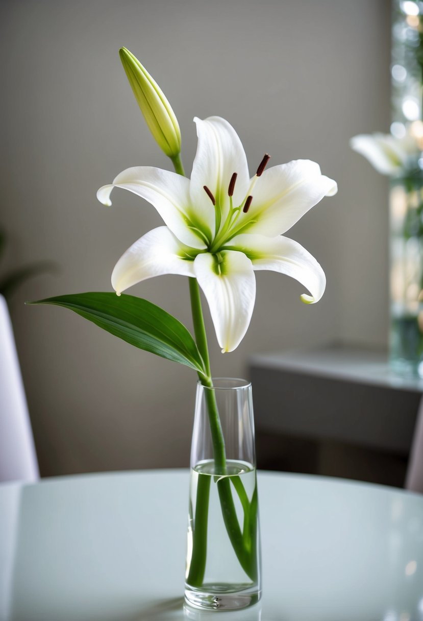 A single white lily stands tall in a clear glass vase, with a few delicate green leaves at its base