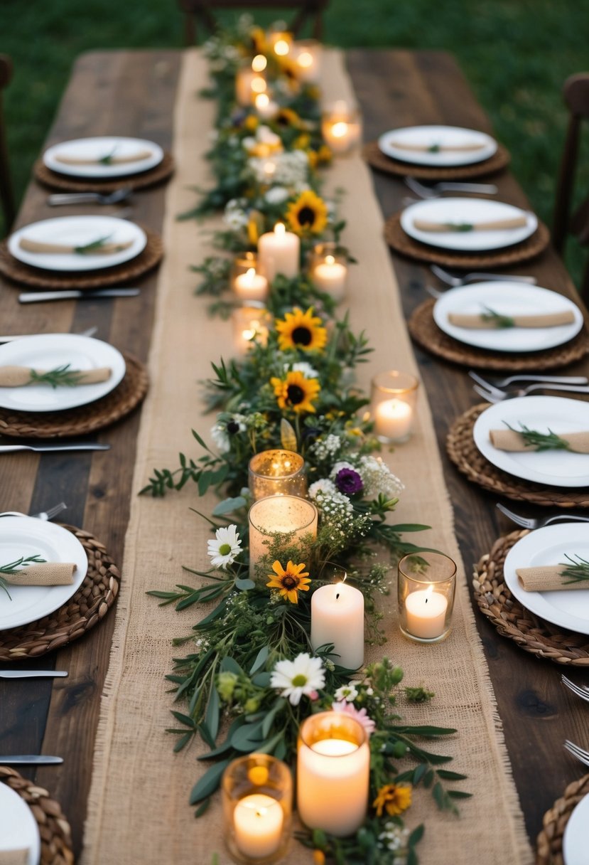 A rustic table set with burlap runners, adorned with wildflowers and candlelight, creating a cozy country wedding ambiance