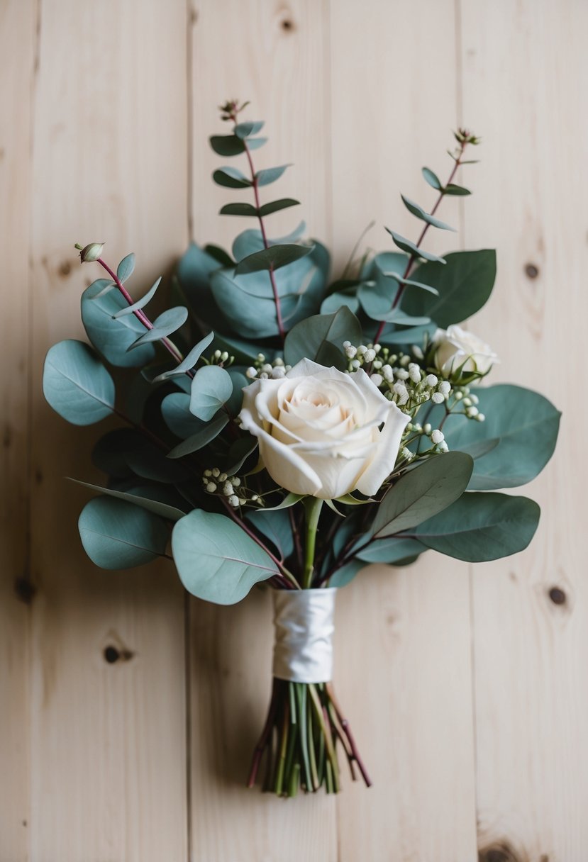 A simple wedding bouquet with eucalyptus and rose combo