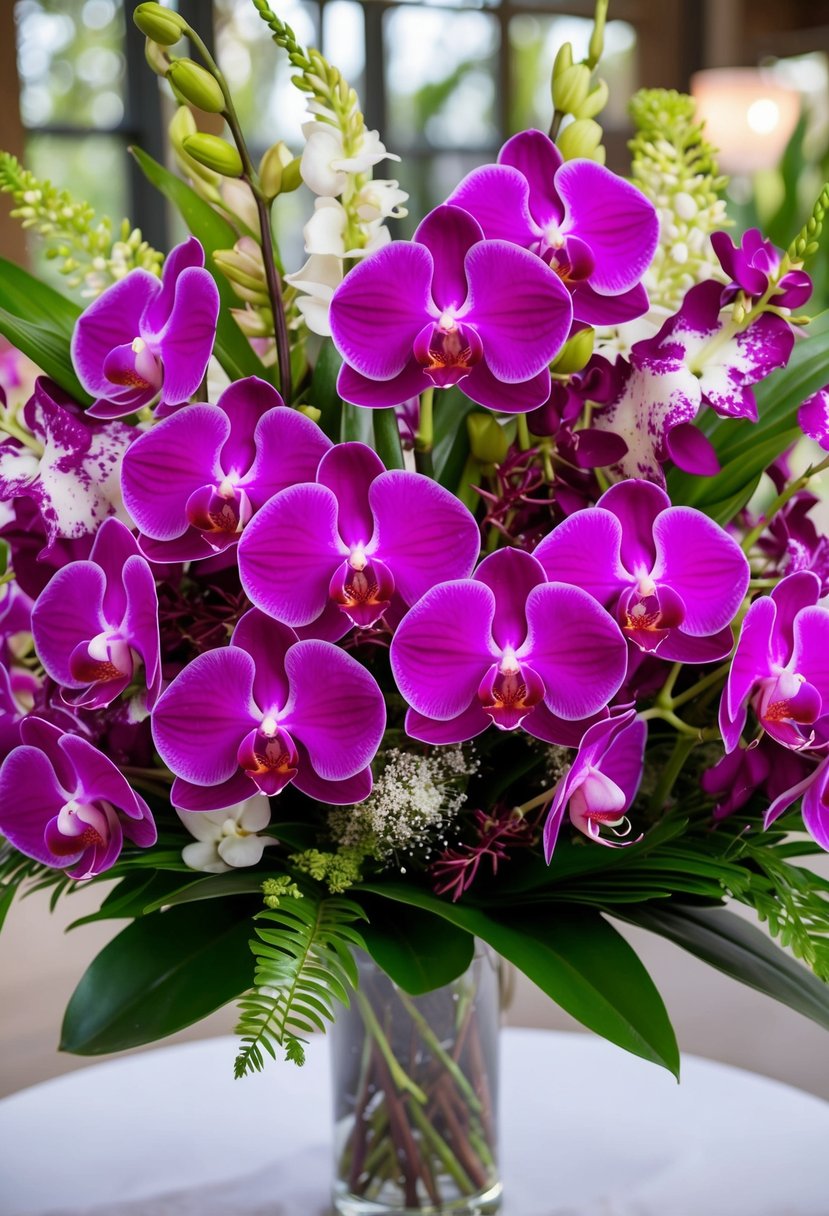 A lush, vibrant bouquet of tropical orchids in shades of fuchsia and purple, accented with delicate greenery and splashes of white