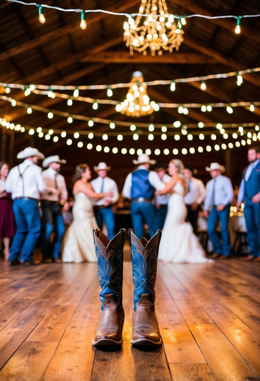 A lively country music dance floor at a rustic wedding with string lights and cowboy boots