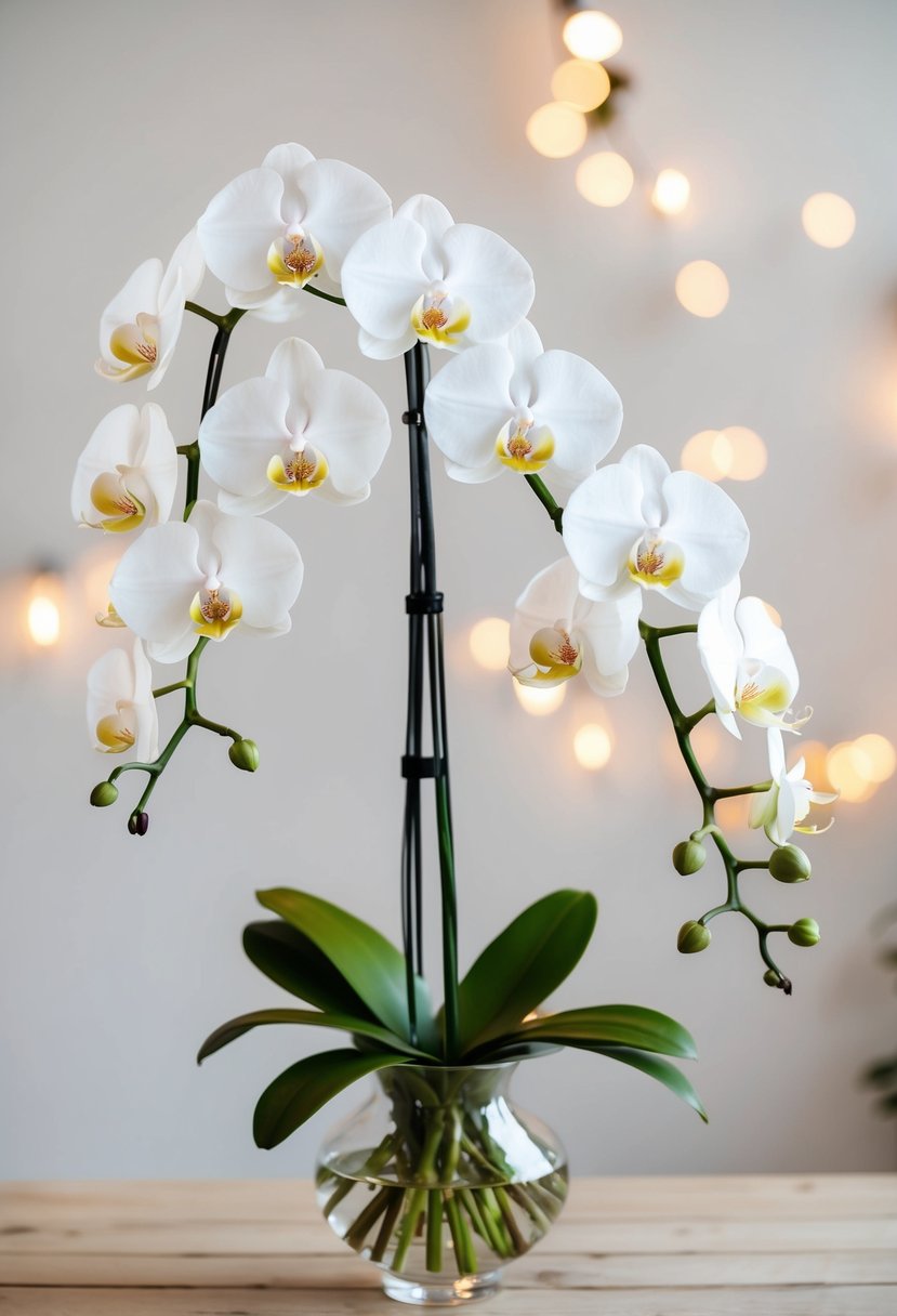 A simple, elegant bouquet of cascading orchids in a clear glass vase